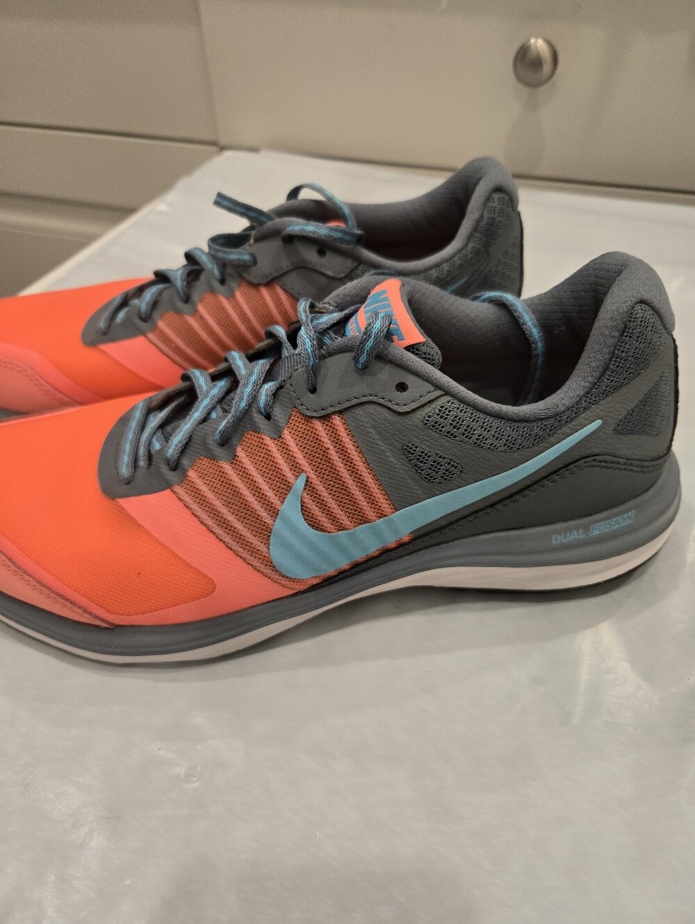 Nike Women Coral Orange and Gray Running Shoes with Light Blue Swoosh 0143
